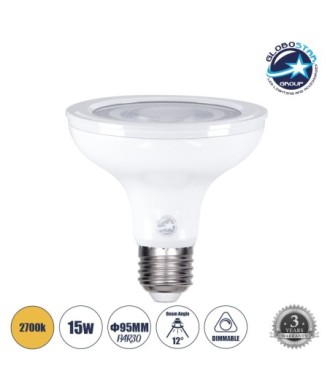 GLOBOSTAR® BEAMPAR 60095 Σποτ E27 PAR30 LED 15W 1410lm 12° AC 220-240V IP20 Θερμό Λευκό 2700K Dimmable - Μ9.5 x Π9.5 x Υ9.5cm - 3 Χρόνια Εγγύηση